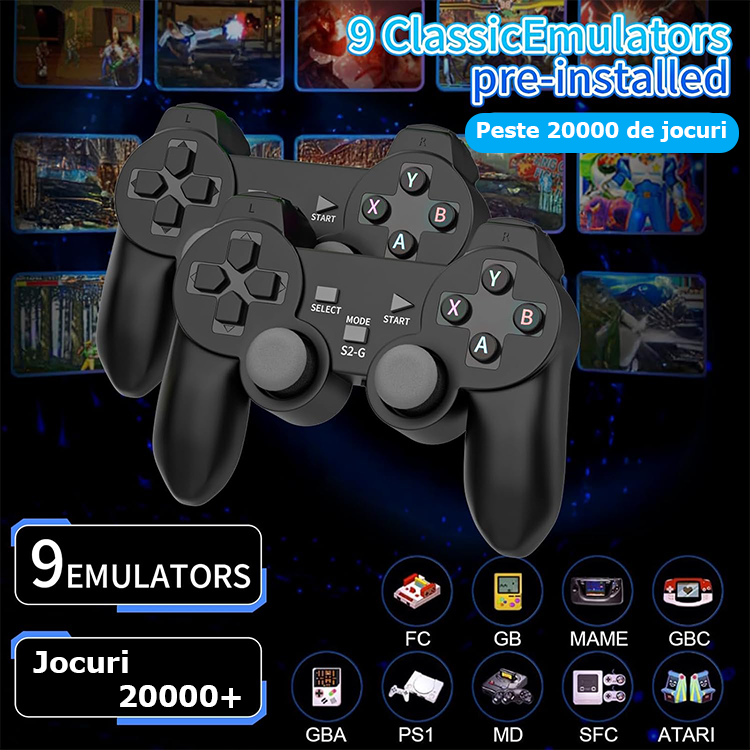 Consolă Jocuri HDMI Plug&Play, 20.000+ Jocuri, 9 Emulatoare, 2 Controllere Wireless, Card 64GB