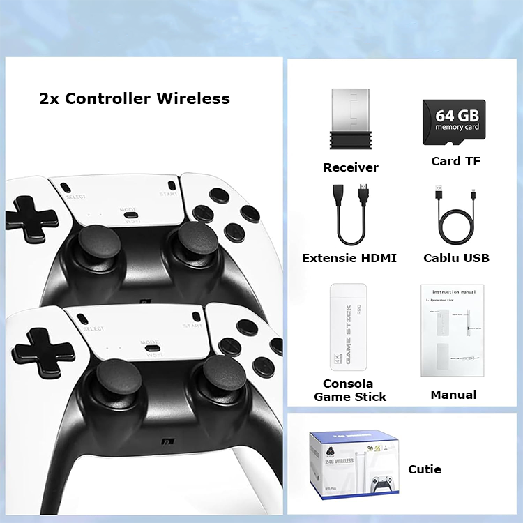 Consolă portabilă HDMI, 20.000+ jocuri, 4K, 64GB, 2 controllere wireless