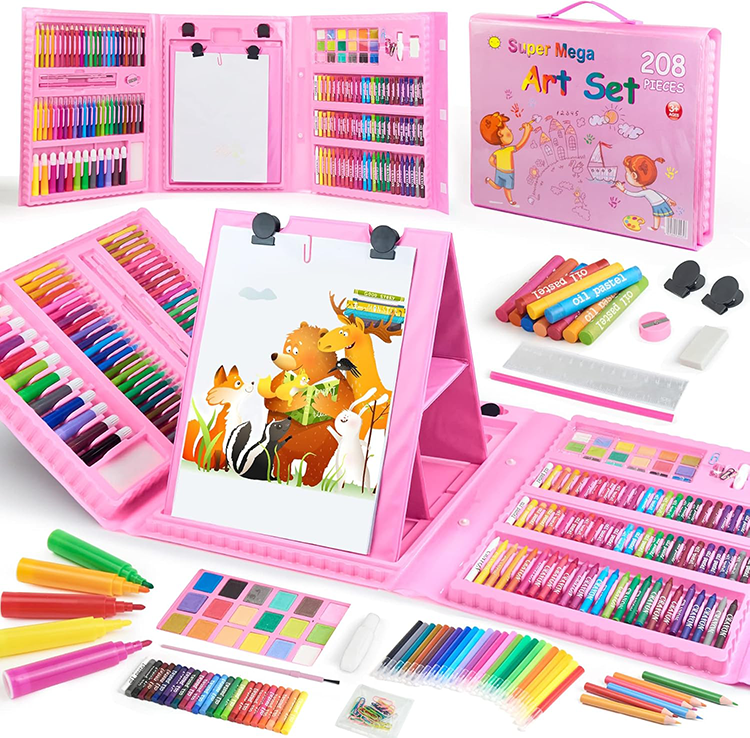 Trusa de desen 208 piese, Set creativ pentru copii cu creioane colorate, acuarele și accesorii