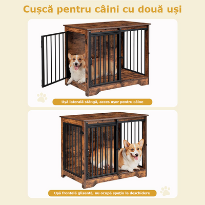 Cușcă de interior pentru câini din lemn și oțel, cu ușă glisantă și structură metalică anti-ros, 74.4 × 48.3 × 57.4 cm