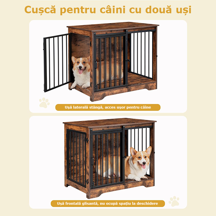 Cușcă de interior pentru câini din lemn și oțel, cu ușă glisantă și structură metalică anti-ros, 74.4 × 48.3 × 57.4 cm