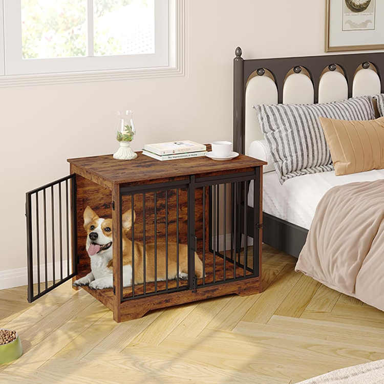 Cușcă de interior pentru câini din lemn și oțel, cu ușă glisantă și structură metalică anti-ros, 74.4 × 48.3 × 57.4 cm