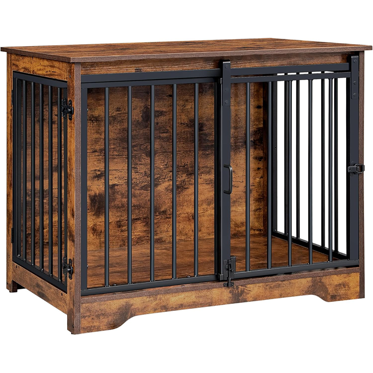 Cușcă de interior pentru câini din lemn și oțel, cu ușă glisantă și structură metalică anti-ros, 74.4 × 48.3 × 57.4 cm