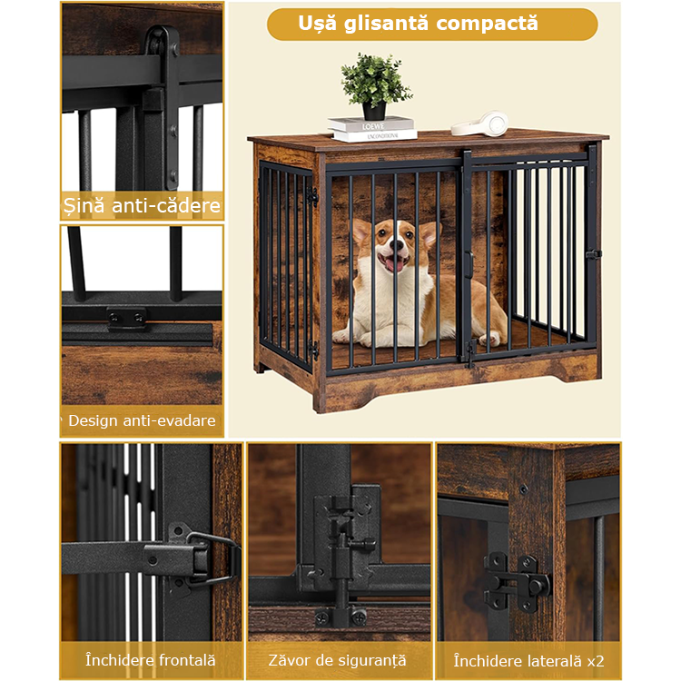 Cușcă de interior pentru câini din lemn și oțel, cu ușă glisantă și structură metalică anti-ros, 74.4 × 48.3 × 57.4 cm