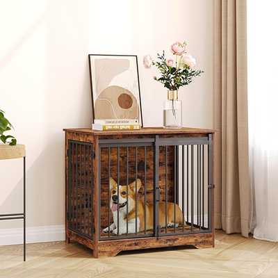 Cușcă de interior pentru câini din lemn și oțel, cu ușă glisantă și structură metalică anti-ros, 74.4 × 48.3 × 57.4 cm