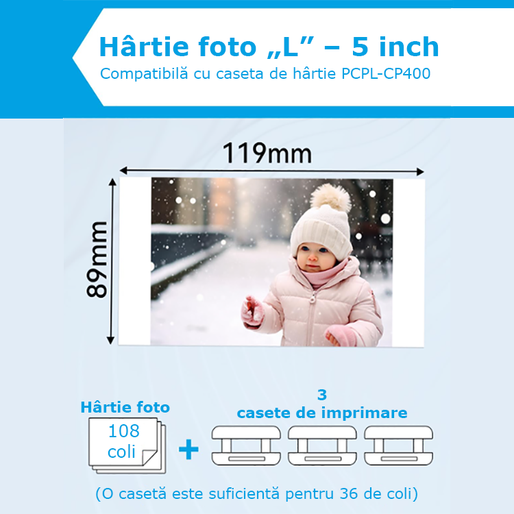 Kit hârtie foto 5 inch, 108 coli + 3 casete, sublimare termică, poze durabile și clare