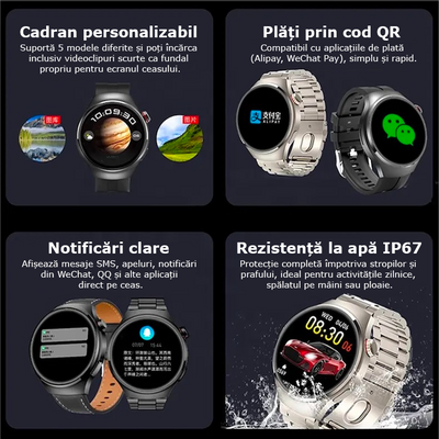 Smartwatch 1.53” HD, Bluetooth 5.0 cu apeluri, monitorizare sănătate și sport, IP67, încărcare wireless