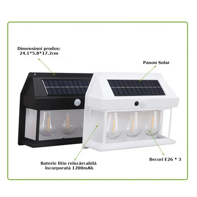 Lampa Solară Exterior cu 3 Surse de Lumină și Senzor de Mișcare, Rezistentă la Apă
