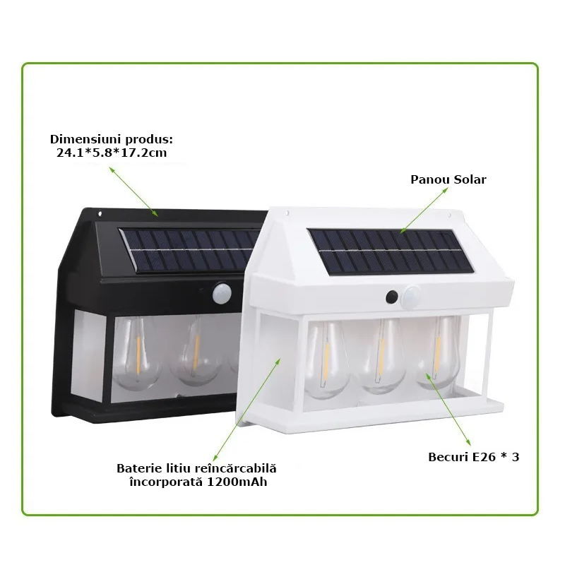 Lampa Solară Exterior cu 3 Surse de Lumină și Senzor de Mișcare, Rezistentă la Apă