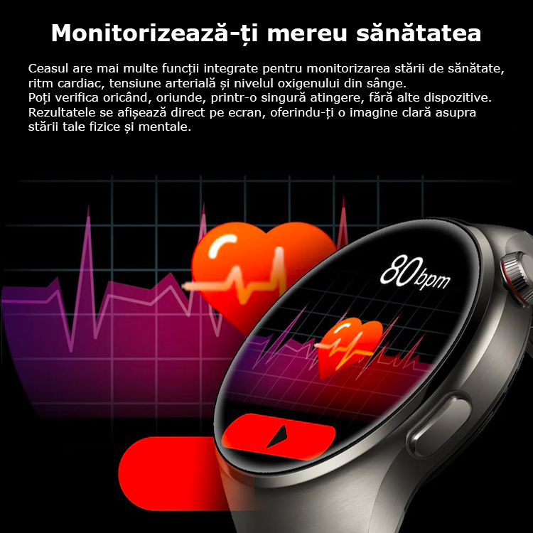 Smartwatch 1.53” HD, Bluetooth 5.0 cu apeluri, monitorizare sănătate și sport, IP67, încărcare wireless