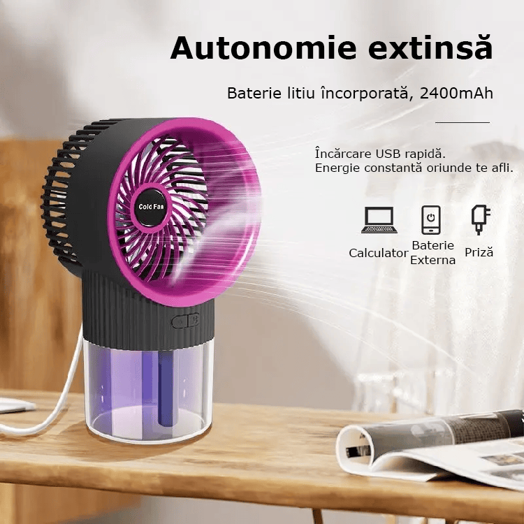 Mini Ventilator cu Răcire prin Abur – Portabil, Silențios, 2400mAh
