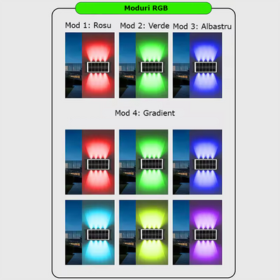 Lampă de Perete Solară RGB – 10 LED-uri Colorate, Baterie Integrată, Fără Cabluri