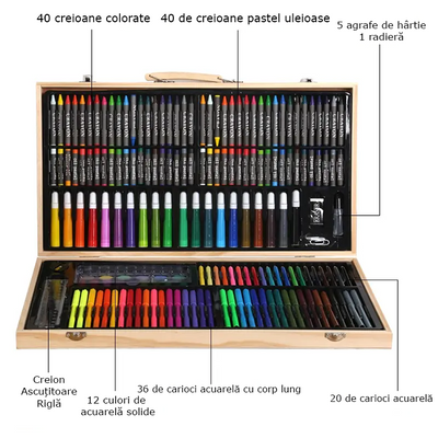 Set Complet de Desen pentru Copii, 180 Piese cu Creioane, Pasteluri și Accesorii