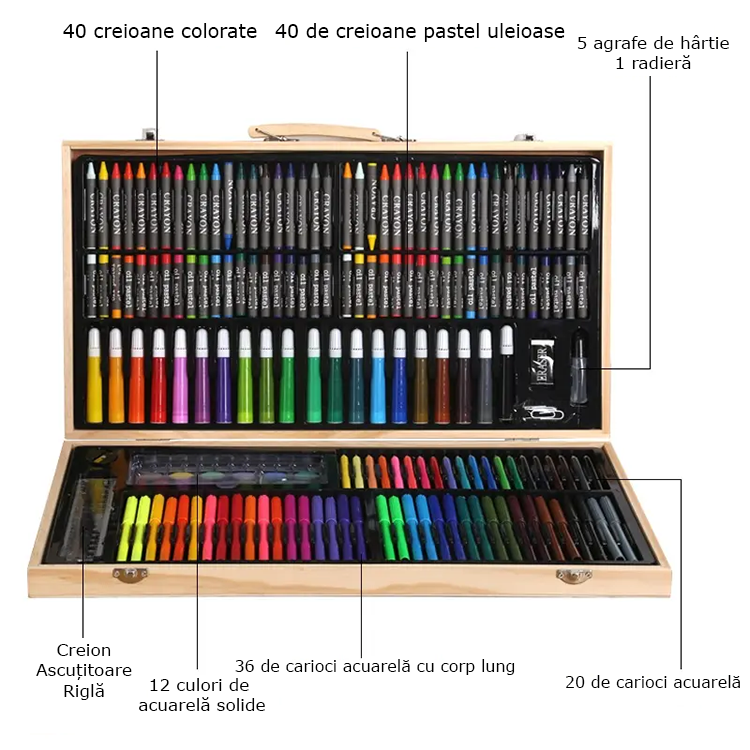 Set Complet de Desen pentru Copii, 180 Piese cu Creioane, Pasteluri și Accesorii