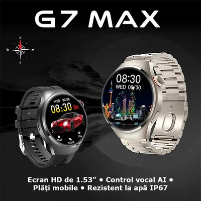 Smartwatch 1.53” HD, Bluetooth 5.0 cu apeluri, monitorizare sănătate și sport, IP67, încărcare wireless
