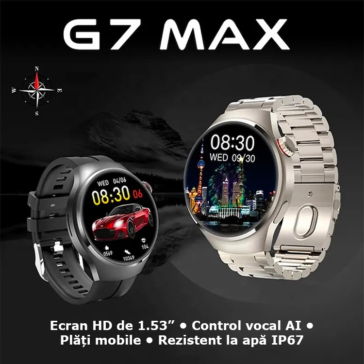Smartwatch 1.53” HD, Bluetooth 5.0 cu apeluri, monitorizare sănătate și sport, IP67, încărcare wireless