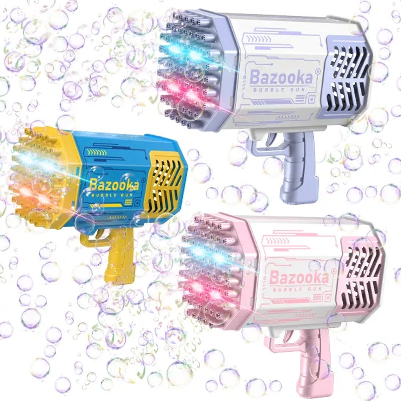 Pistol Baloane Săpun - Bazooka Extravaganza, 69 Orificii, Lumini, Acumulator, două Rezerve