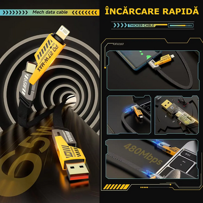 Cablu 4-in-1 pentru Încărcare Rapidă 65W Compatibil cu USB-C, USB-A, și Lightning
