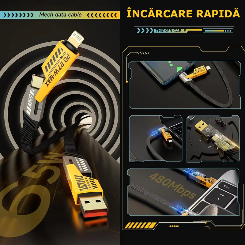 Cablu 4-in-1 pentru Încărcare Rapidă 65W Compatibil cu USB-C, USB-A, și Lightning