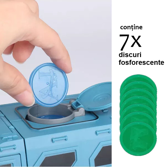 Masinuta militara cu sistem de tragere, rotatie 360 grade + 7 discuri fosforescente
